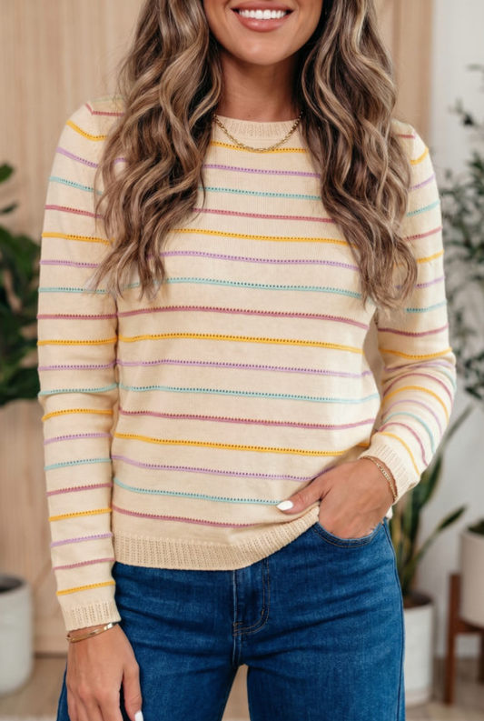 Beige Stripe Colorful Sweater