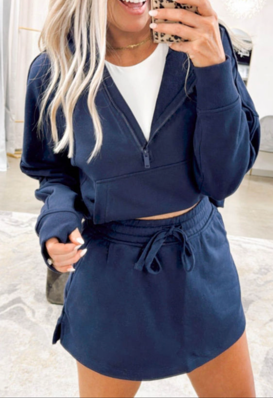 Navy Long Sleeve Zip Up Skort Set