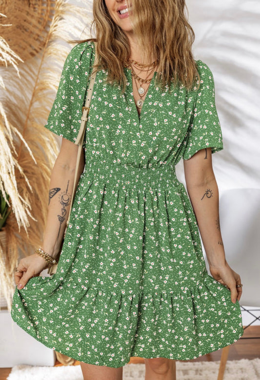 Green Floral Print Wrap Dress