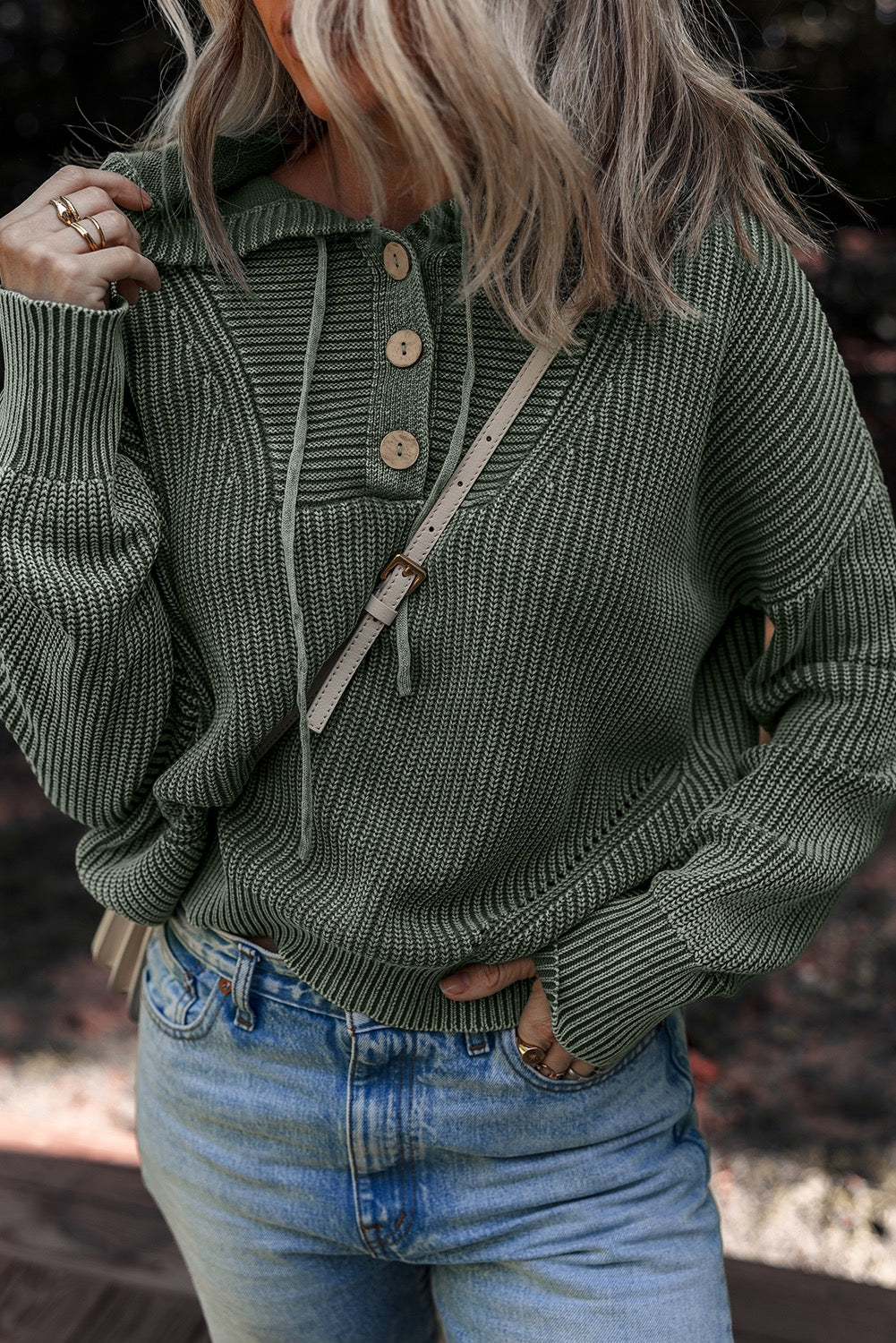 Mist Green Mineral Wash Ribbed Knit Button Drawstring Neck Hooded Sweater