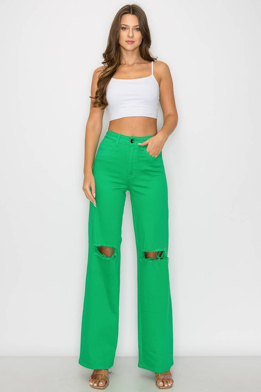GREEN HIGH WAISTED STRETCHY COLORED WIDE LEGS JEANS
