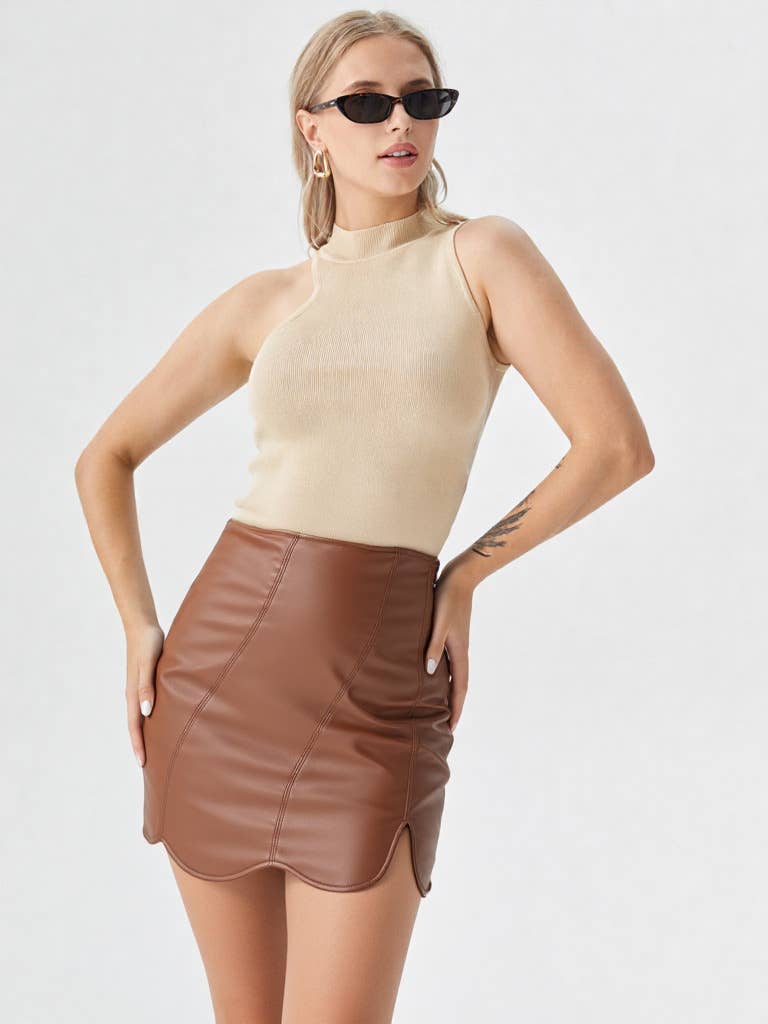 Scallop Faux Leather Fitted Mini Skirt