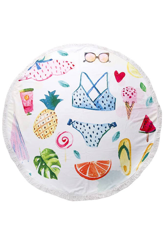 Summer Theme Print Round Beach Towel