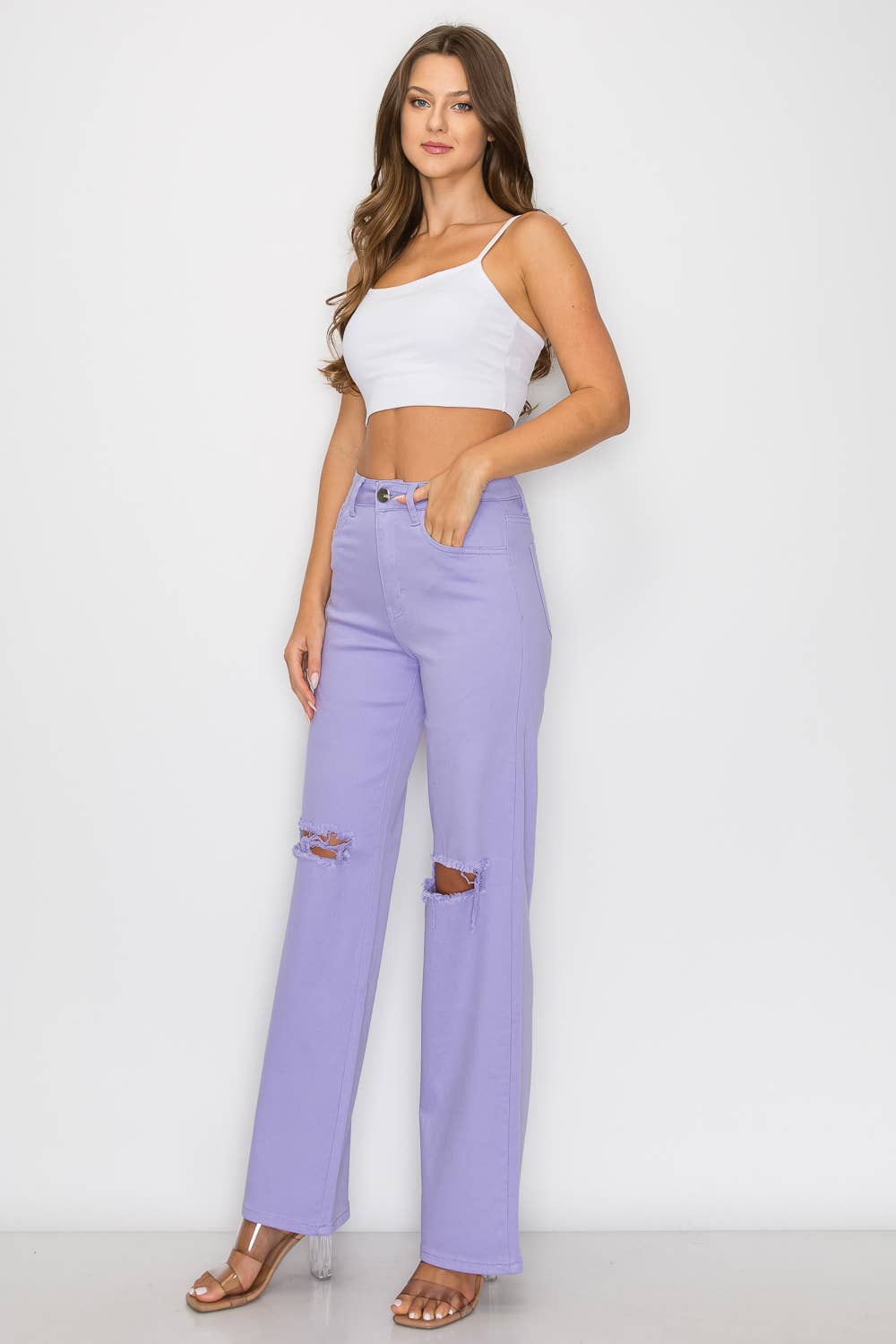 LILAC HIGH WAISTED STRETCHY COLORED WIDE LEGS JEANS