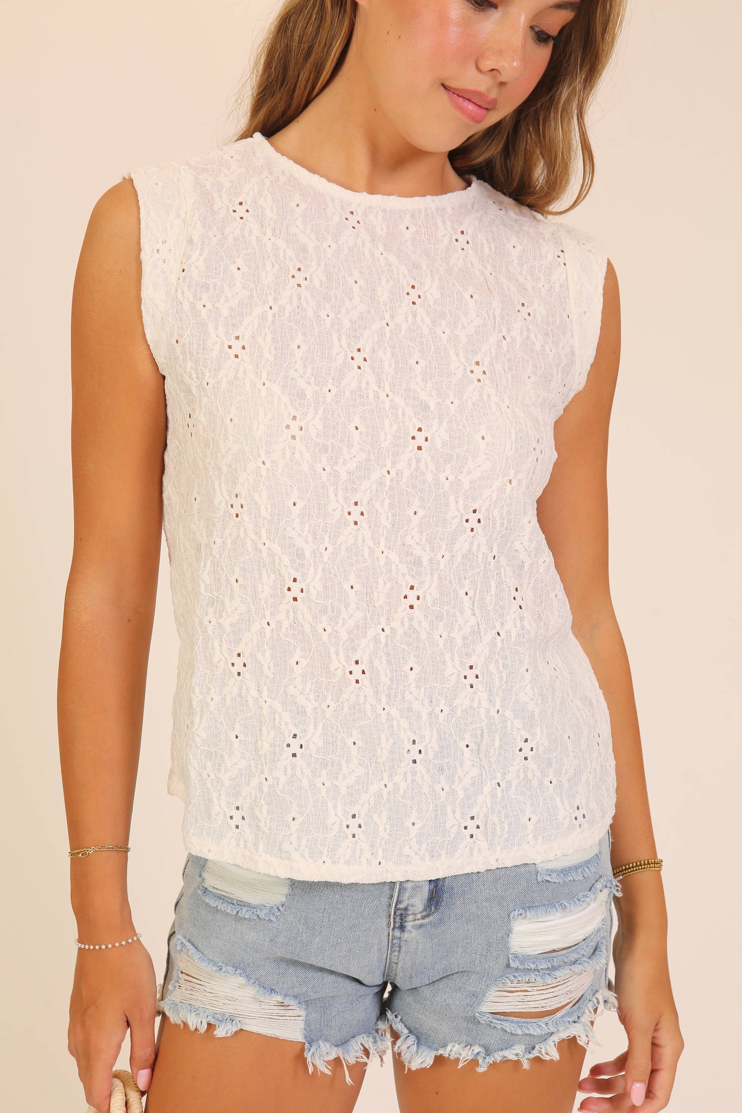 Lace Eyelet Sleeveless Shell Top
