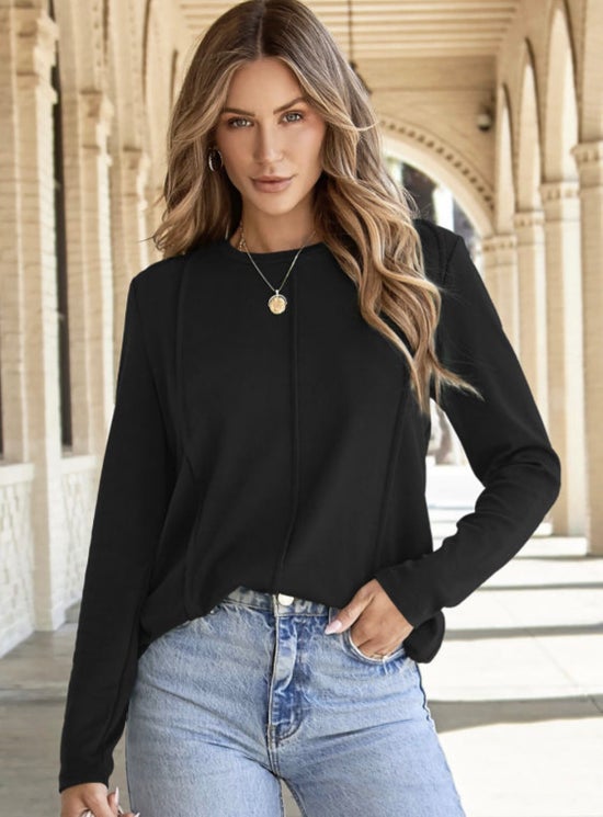 Solid Black Seam Crew Neck Long Sleeve Top