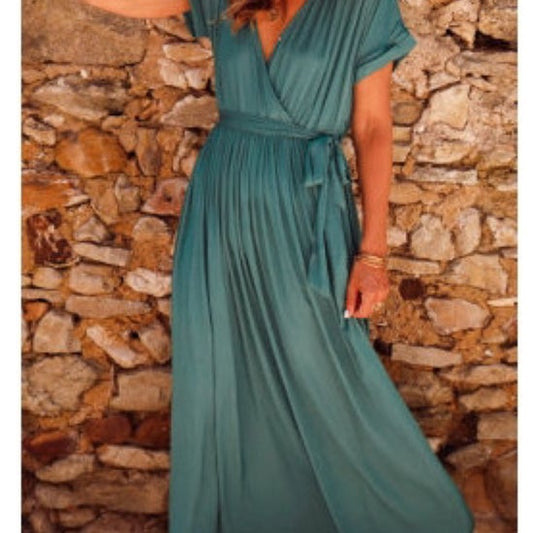 Blackish Green Solid Color V Neck Wrap Pleated Short Sleeve Maxi Dress