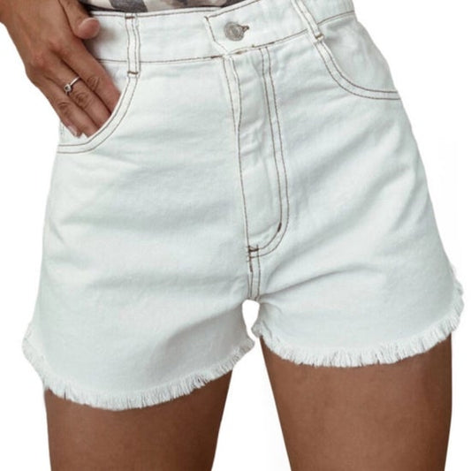 White Raw Hem High Waist Denim Shorts