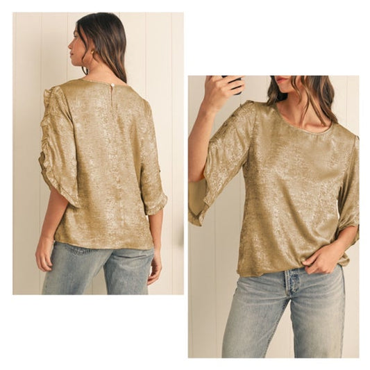 Gold Solid Color Ruffle Trim Flounce Sleeve Blouse