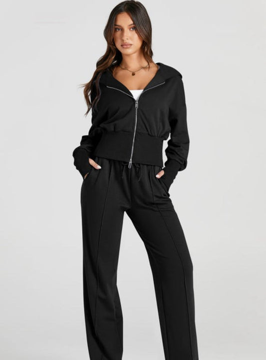 Black zipper hooded jacket active set