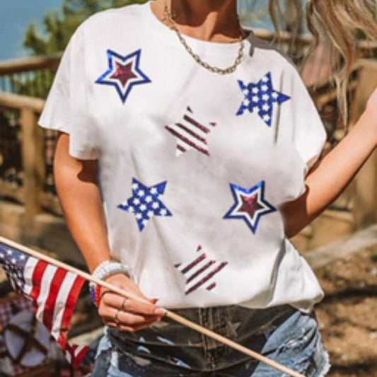 White USA Sequin Stars Patched T Shirt