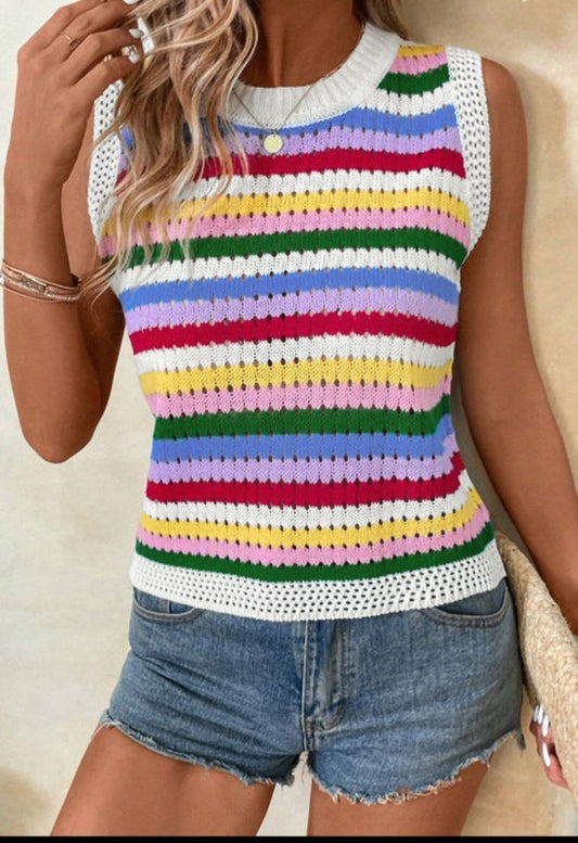 Multicolor Stripped Knitted Sleeveless Sweater
