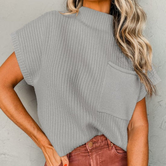 Gray Patch Pocket Ribbed Sweater