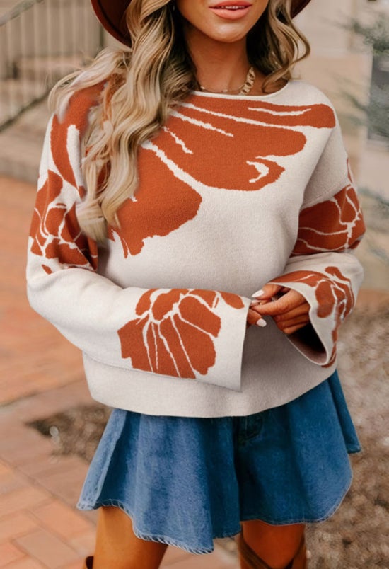 Beige Bold Flower Pattern Sweater
