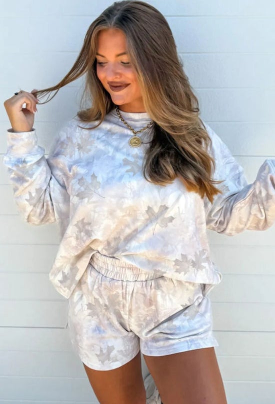 Beige Camo Print Pullover Top and Elastic Waist Casual Short Set